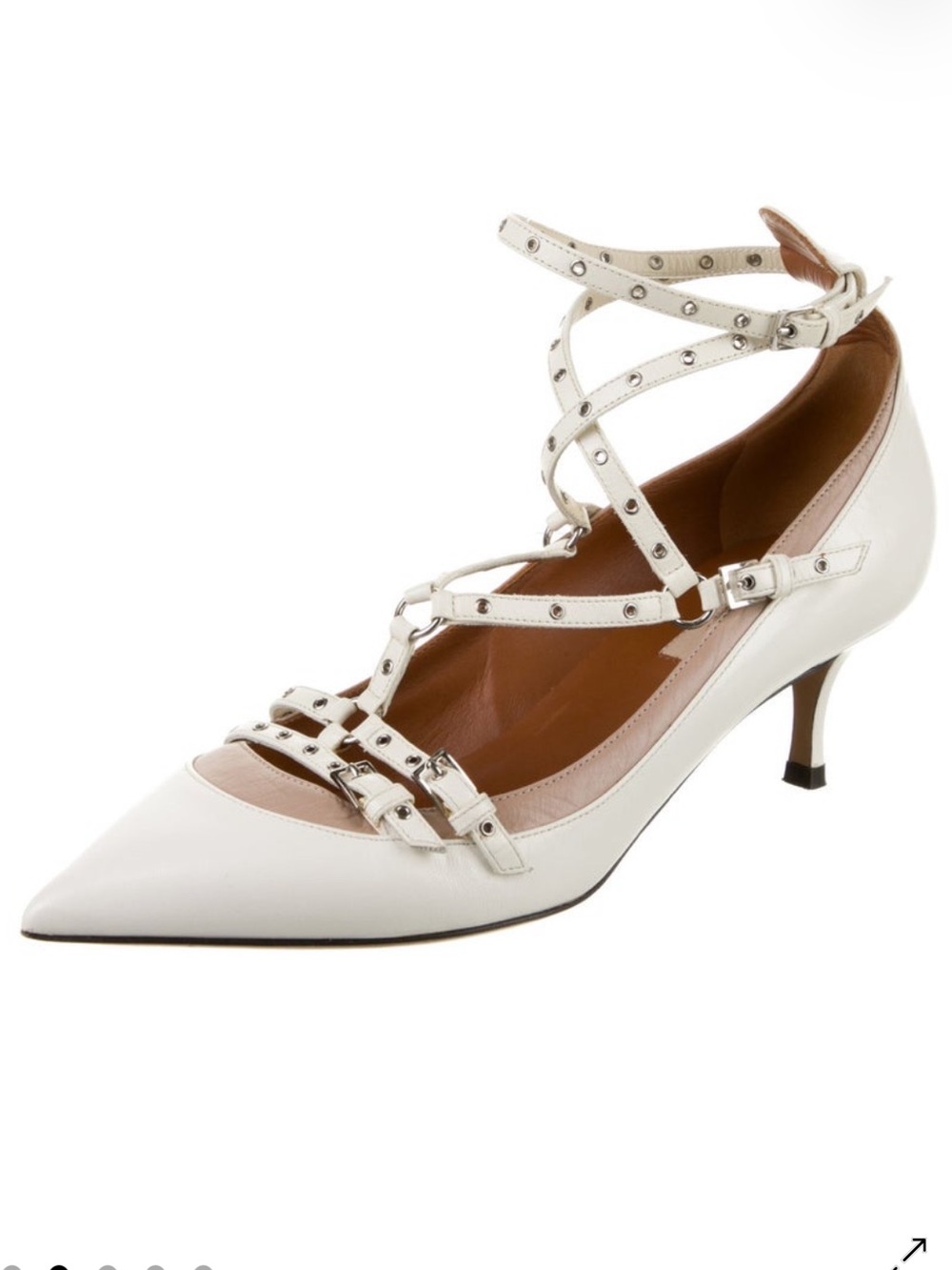 Valentino White Leather T-Strap Pointed Toe Heels